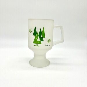 Vintage Tiara '83 Frosted Glass Mug Christmas Tree Holiday Pedestal‎ Coffee Cup